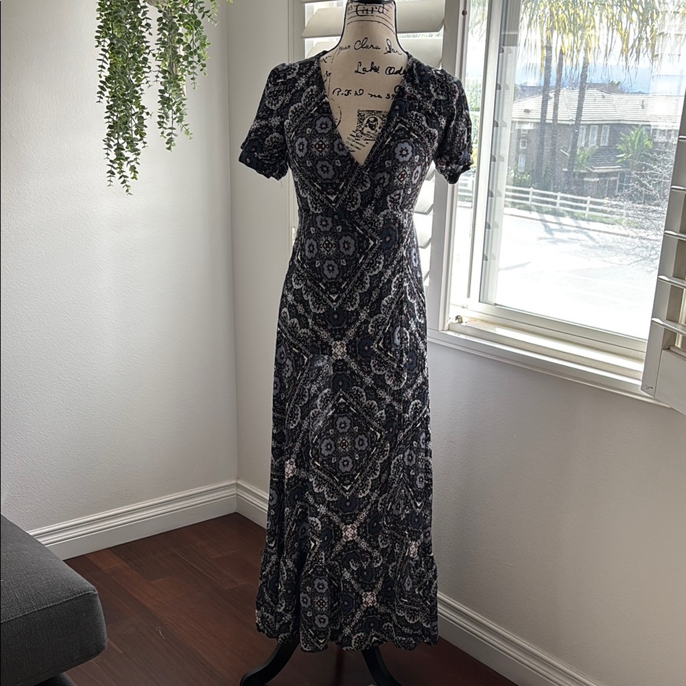 Floral kaleidoscope pattern wrap around maxi dress